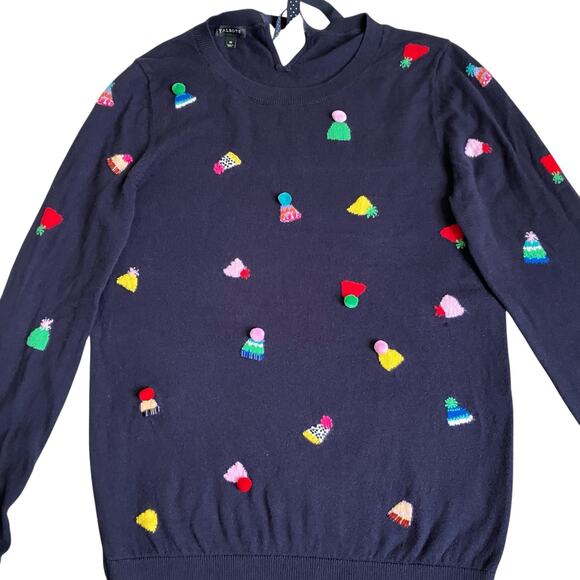 Talbots Sz M Party Hat Scoop Neck Sweater Navy with Multicolor Birthday Holiday - Picture 2 of 16